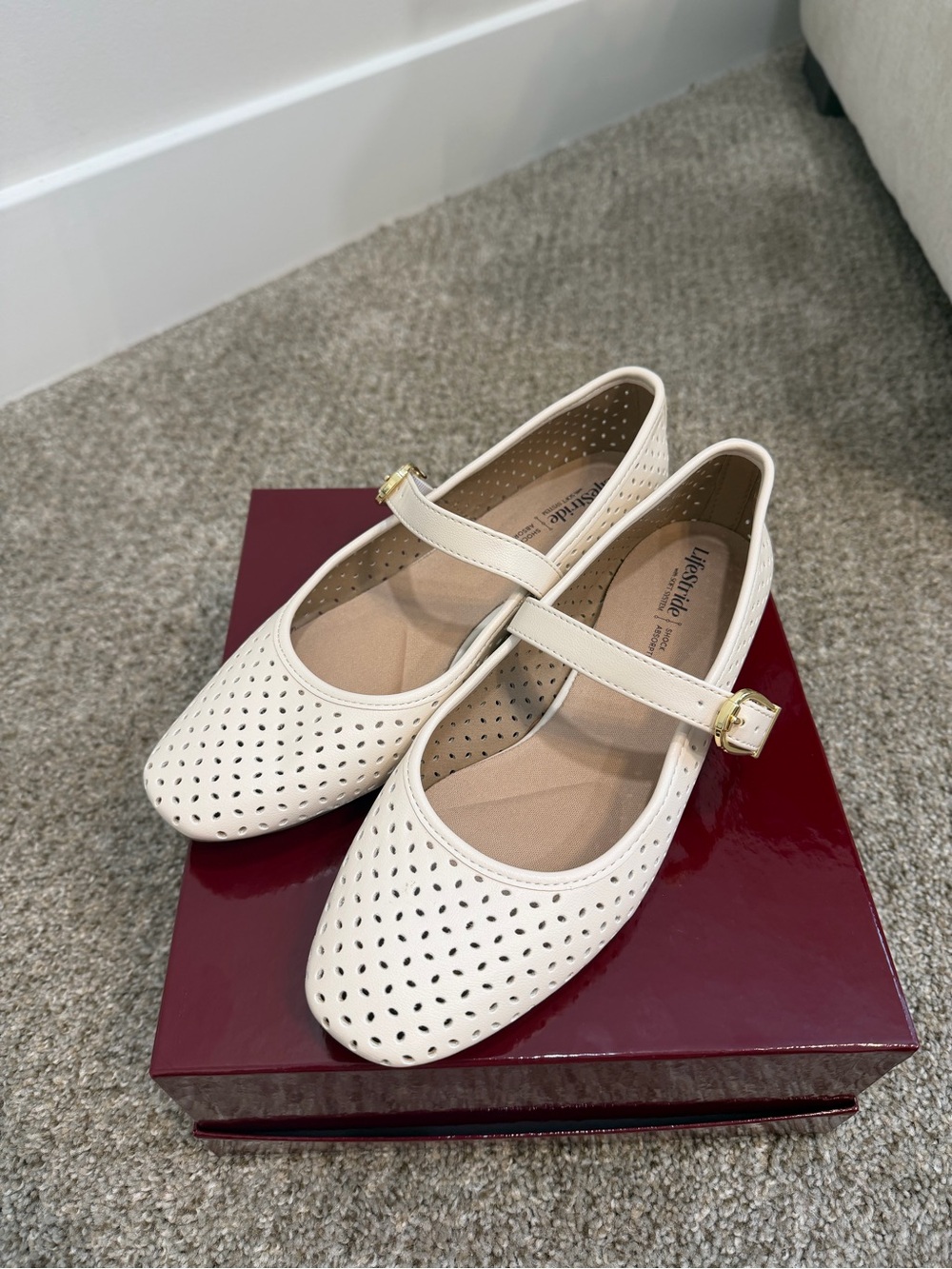 Life Stride Cream Perforated Mary Jane Flats with Buckle
